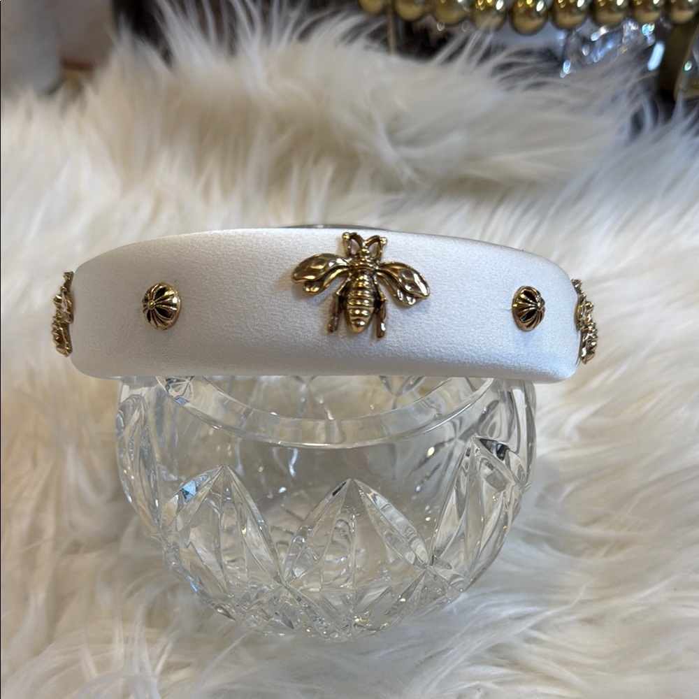 Elegant White Headband with Gold Bee Accents